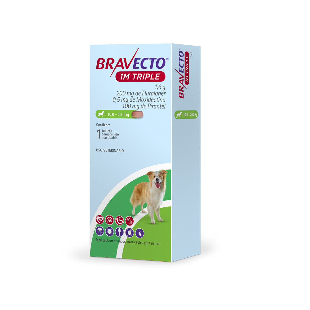 MSD Bravecto 1M Triple Perro 10 a 20 kg 200 mg 1 Tableta