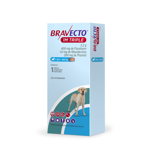 MSD Bravecto 1M Triple Perro 20 a 40 kg 400 mg 1 Tableta