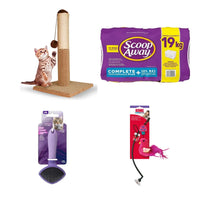 Paquete de artículos esenciales para gato con arena aglutinante, cepillo profesional y juguetes interactivos