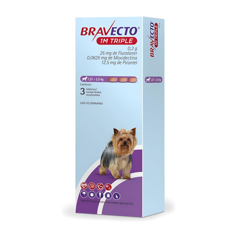 MSD Bravecto 1M Triple Perro 1.27 a 2.5 kg 25 mg Caja 3 Tabletas