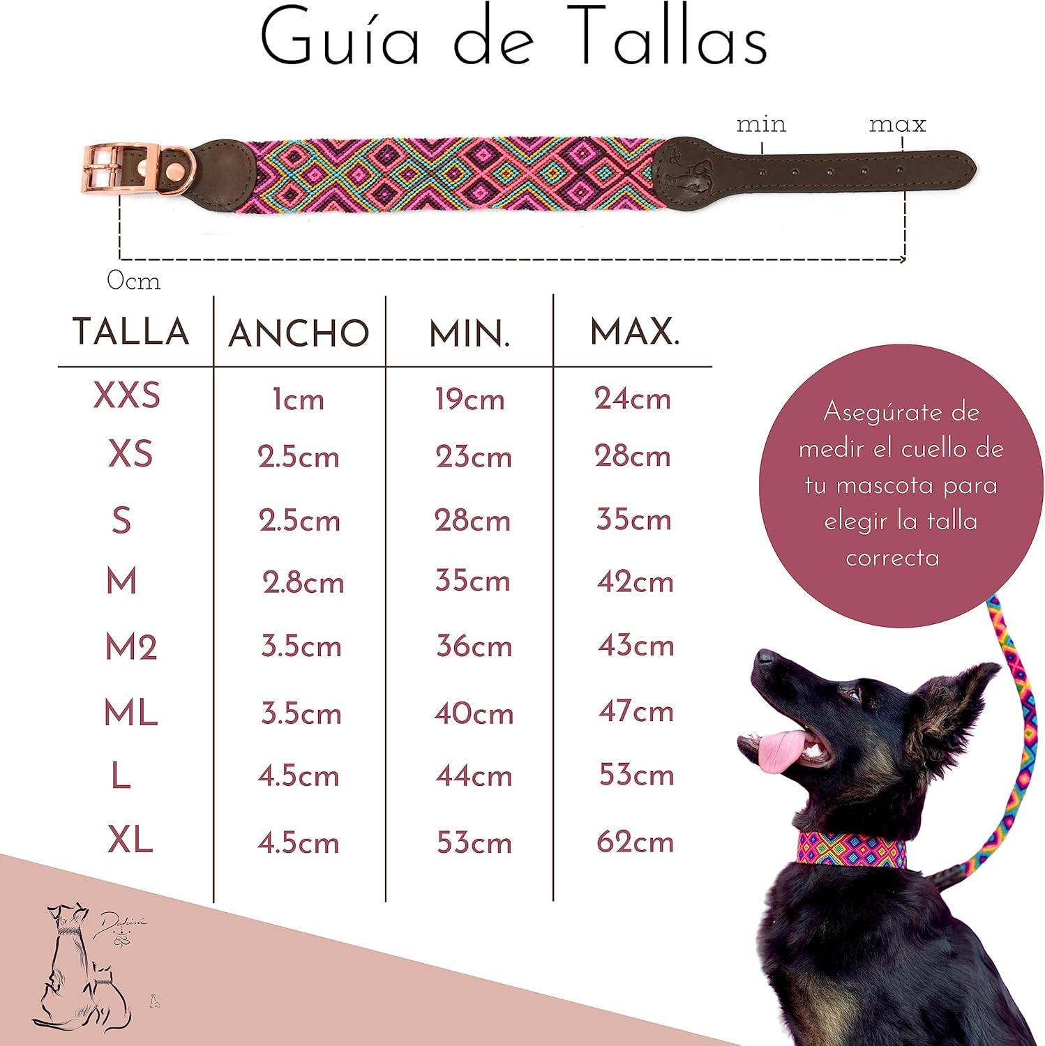 Dakini Collar Artesanal Para Perro Con Acabados de Lujo, Extra Resistente , Talla M - 3.5 CM