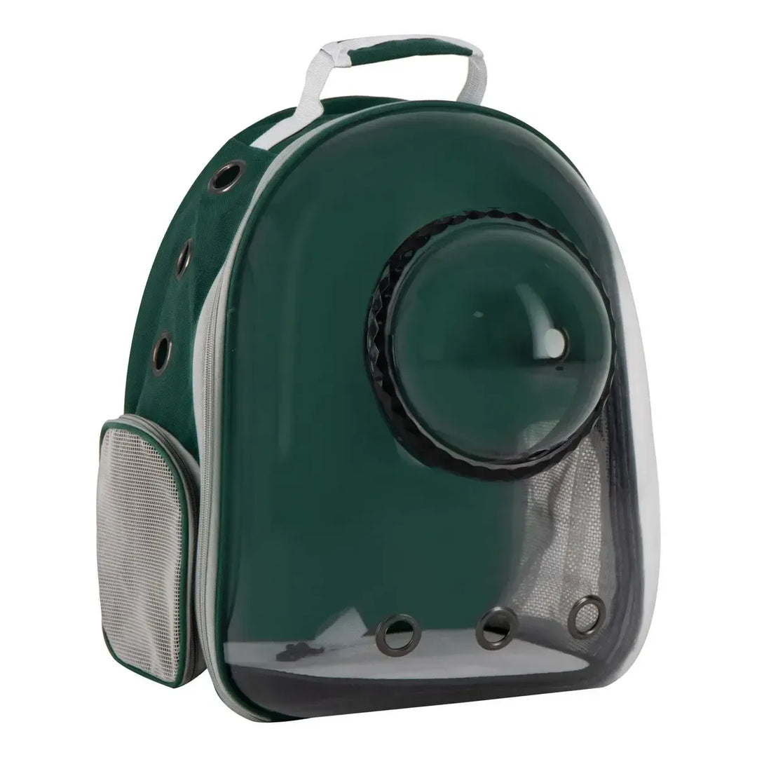 Mochila transportadora para mascotas color verde bosque con ventana frontal transparente y malla de ventilación lateral