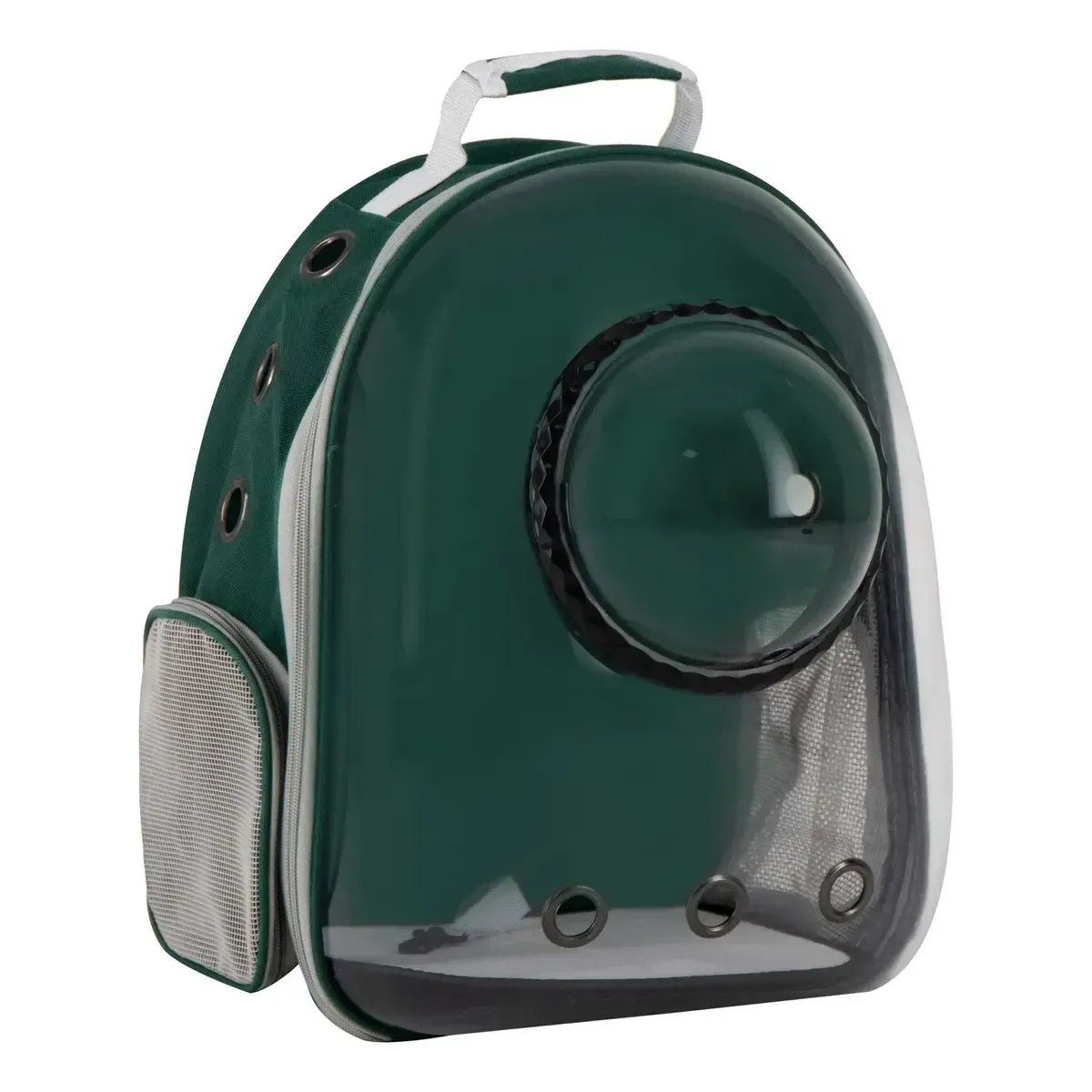 Mochila transportadora para mascotas color verde bosque con ventana frontal transparente y malla de ventilación lateral