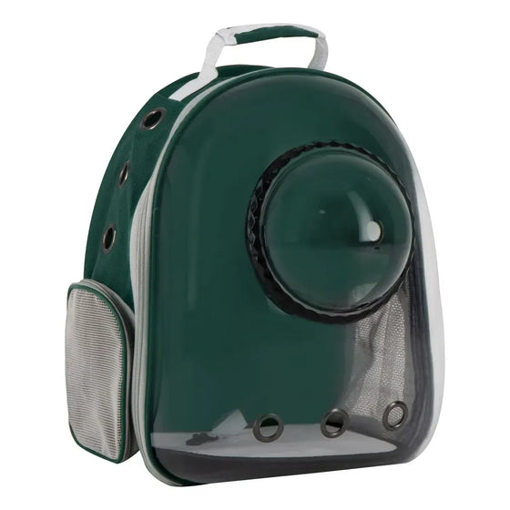 Mochila transportadora para mascotas color verde bosque con ventana frontal transparente y malla de ventilación lateral