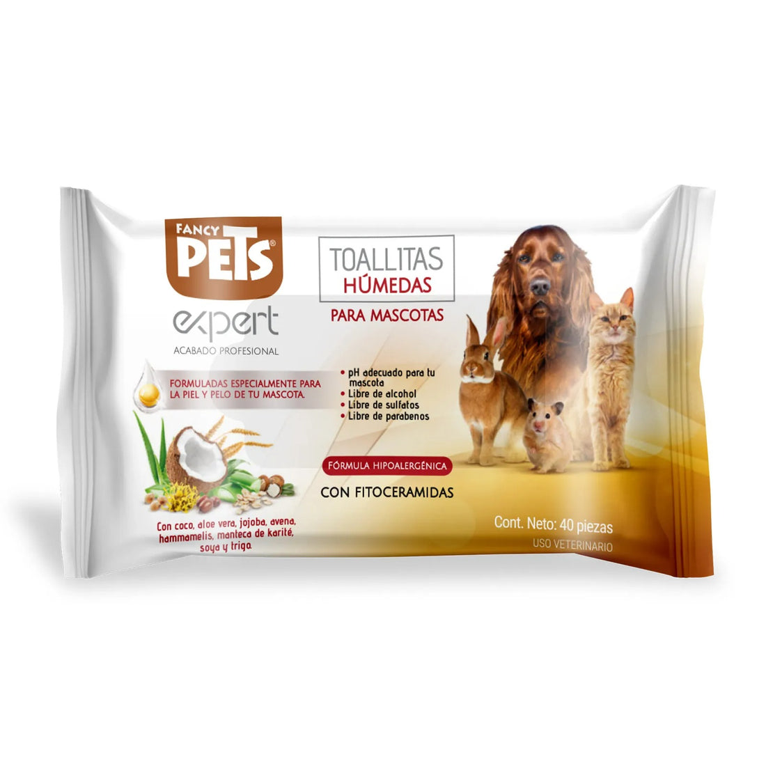 Empaque frontal de toallitas húmedas Fancy Pets Expert para mascotas con 40 piezas y fitoceramidas