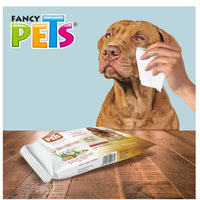 Perro siendo limpiado con una toallita húmeda Fancy Pets en el área de la cara