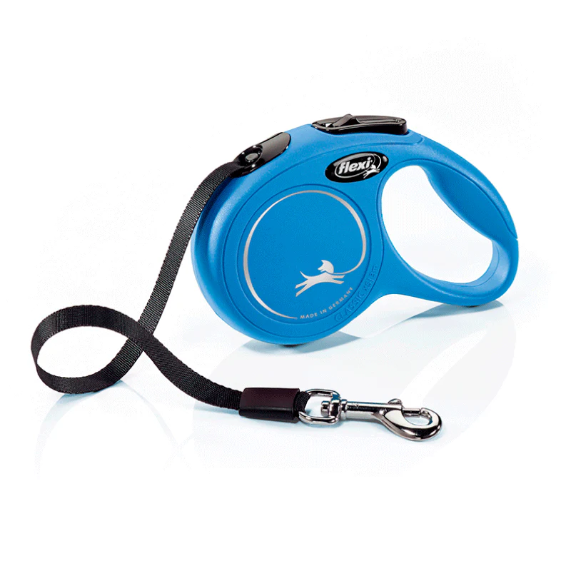 Correa retráctil Flexi New Classic color azul con cinta de alta resistencia para paseos seguros