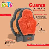 Guante de limpieza Fancy Pets mostrando sus 3 beneficios: masaje relajante, remoción de pelo suelto y limpieza de textiles