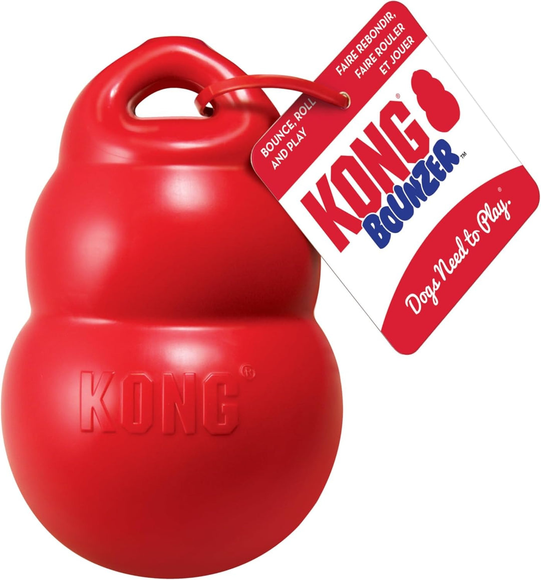Juguete KONG Bounzer rojo de gran tamaño con asa superior y etiqueta de instrucciones