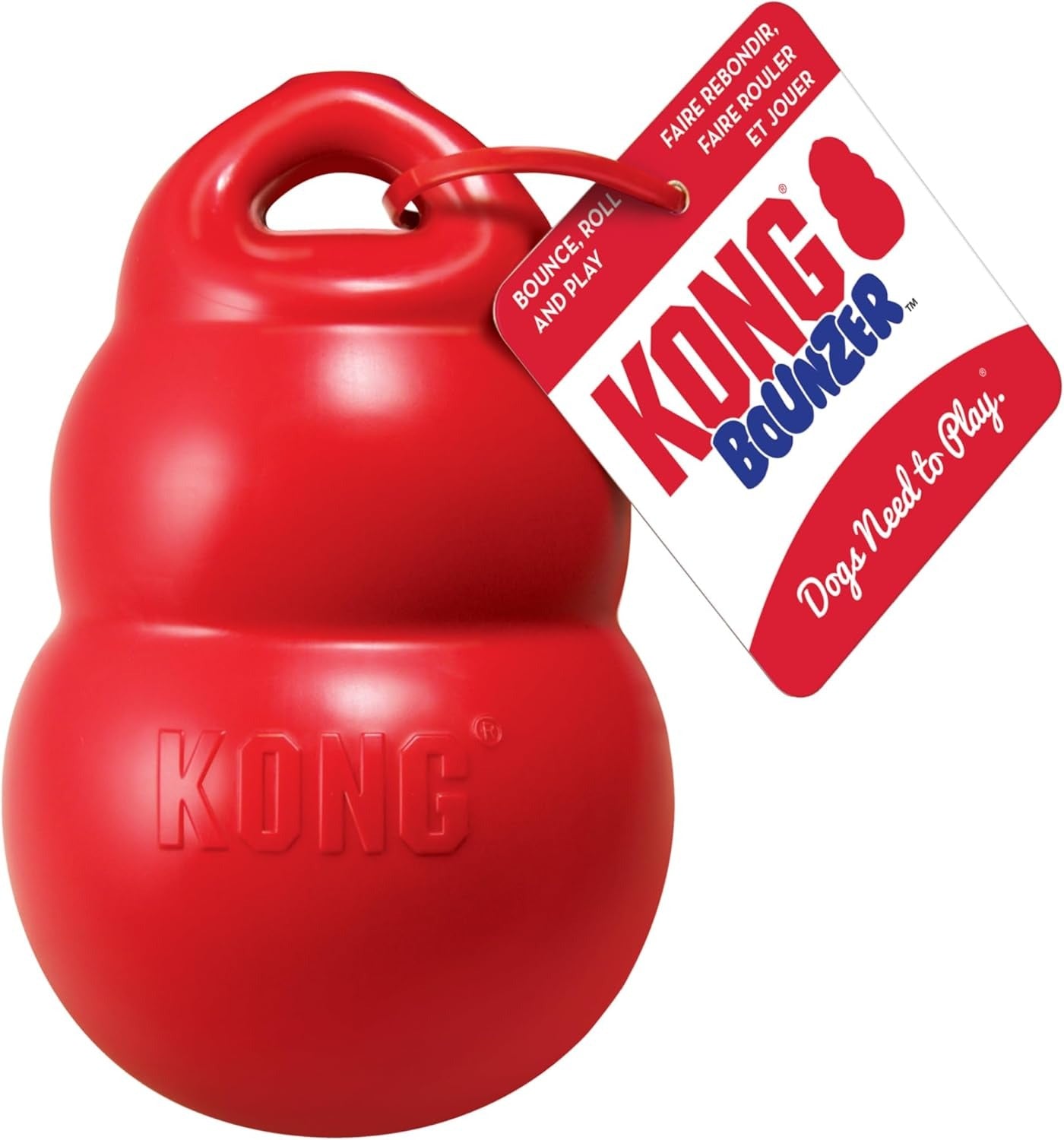Juguete KONG Bounzer rojo de gran tamaño con asa superior y etiqueta de instrucciones