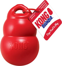 Juguete KONG Bounzer rojo de gran tamaño con asa superior y etiqueta de instrucciones