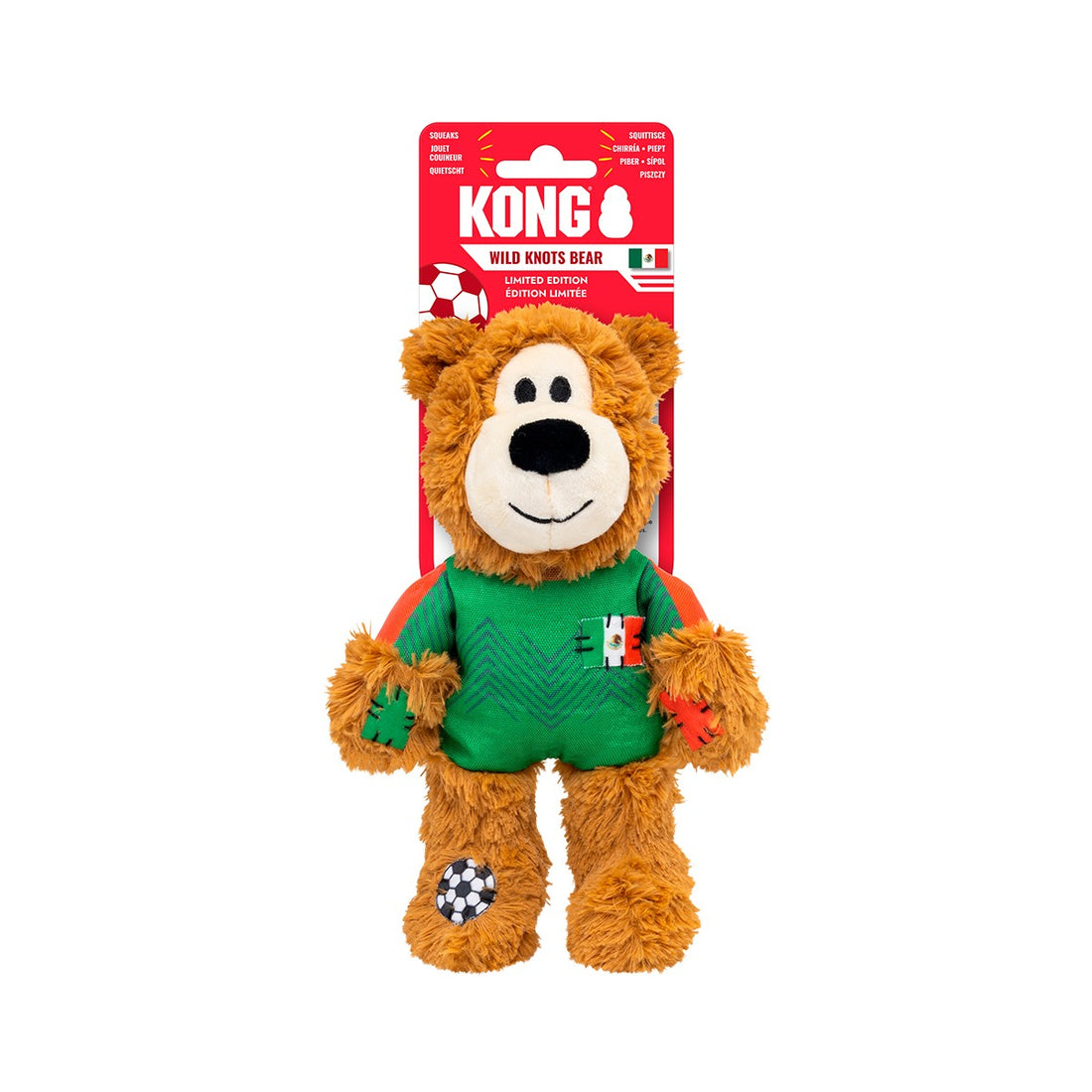 Oso de peluche KONG Wild Knots edición limitada México con uniforme verde y escudo