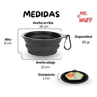 Medidas del plato plegable Mr. Wuff: 16 cm de ancho superior, 6 cm de alto y 1 cm de grosor al estar compacto