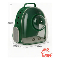 Mochila transportadora Mr. Wuff color verde con cápsula transparente y medidas de 42 cm de alto, 32 cm de ancho y 29 cm de profundidad