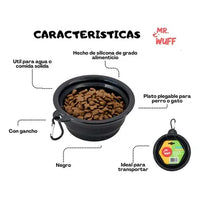Características del plato plegable Mr. Wuff: negro, ideal para transportar y útil para perros o gatos