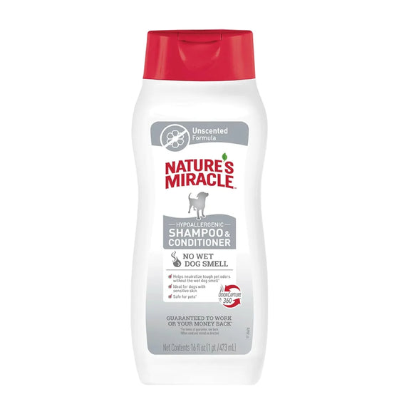 Envase frontal de Nature's Miracle Hypoallergenic Shampoo & Conditioner de 473ml para perros con piel sensible