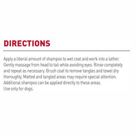 Detalle de instrucciones de uso del shampoo Nature's Miracle resaltando la aplicación de una cantidad liberal sobre el pelaje