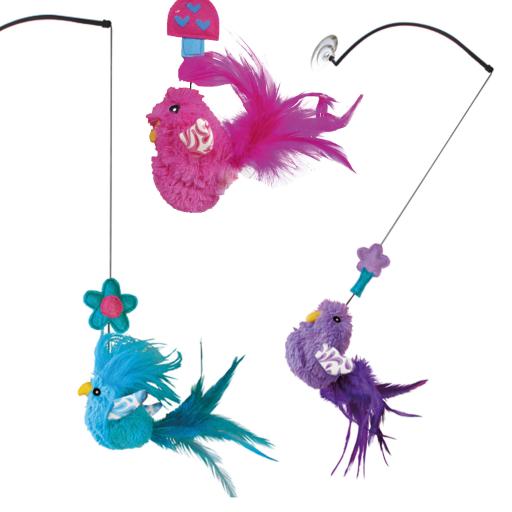 Juguete KONG Connects Bird Teaser para gato con ventosa y plumas color rosa