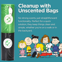 bolsa verde de Snoopy junto a iconos de uso para pañales sucios