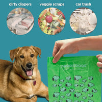 Mano sosteniendo bolsa verde de Snoopy junto a iconos de uso para pañales sucios, restos de comida y basura de auto