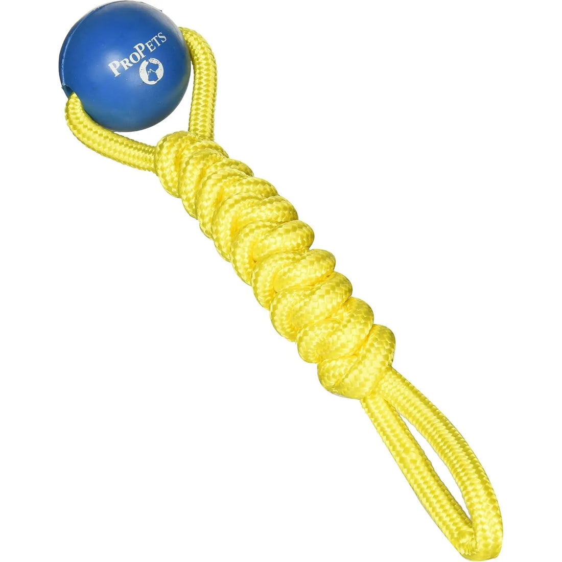 Juguete para perro ProPets compuesto por una pelota de goma azul resistente unida a una cuerda amarilla trenzada para juegos de tirón