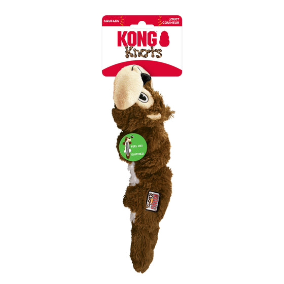 Empaque original del juguete KONG Scrunch Knots Squirrel con etiqueta de autenticidad