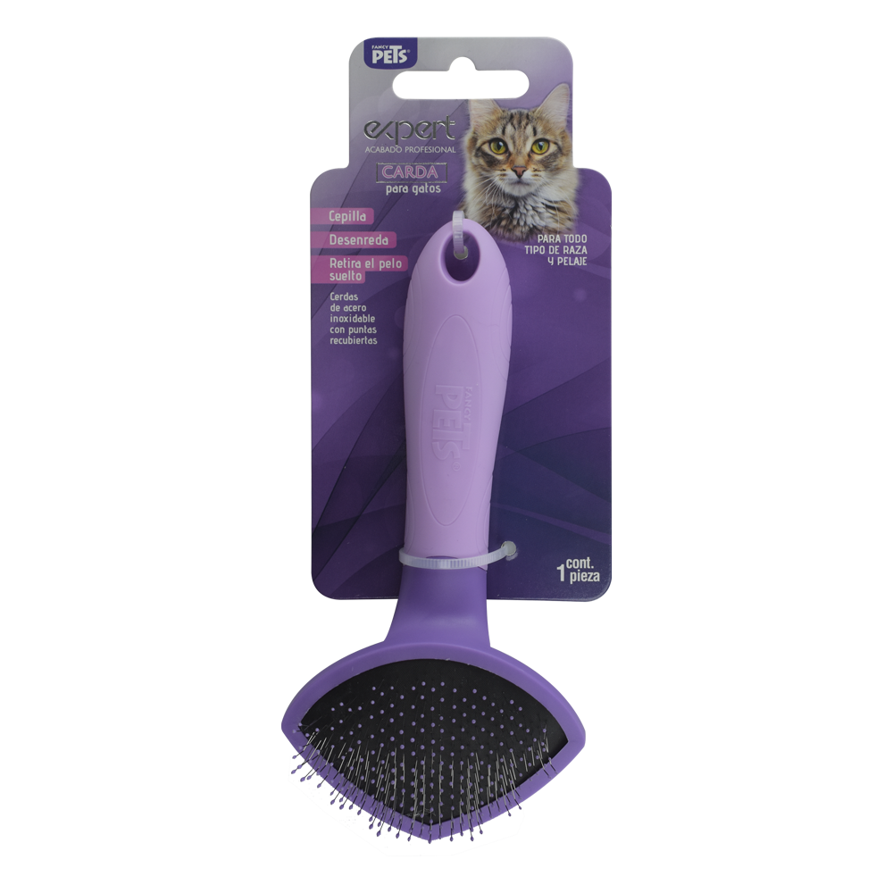 Empaque de Carda para gatos Fancy Pets Expert que indica beneficios de cepillado y desenredado