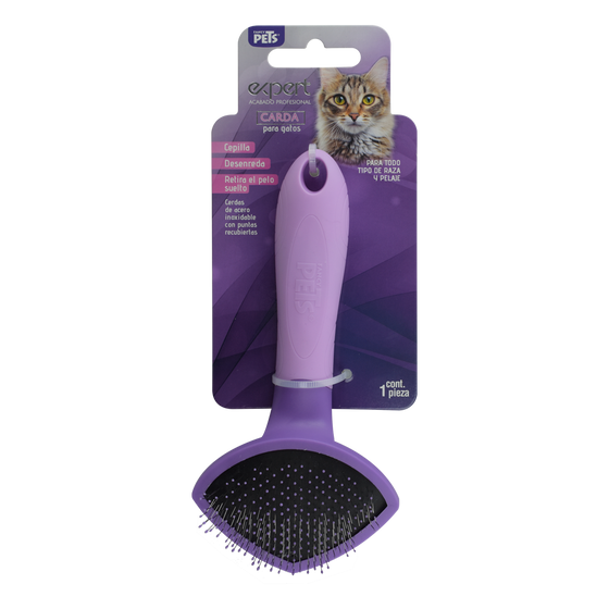 Empaque de Carda para gatos Fancy Pets Expert que indica beneficios de cepillado y desenredado